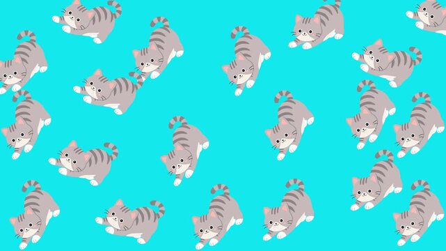 Cute Grey Tabby Cat Seamless Pattern Illustration on Bright Cyan Background for Textile Design