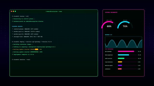 A virtual interface for enterprise cloud solutions displays terminal code and system telemetry during a software deployment with animated graphics showing network updates