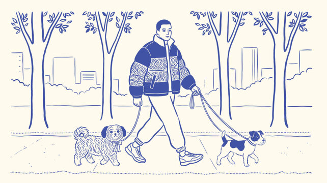 Man walking multiple dogs through city park, featuring urban scenery and peaceful recreation.