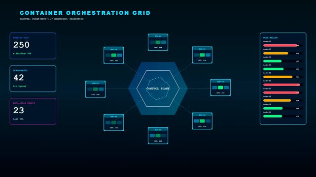 A digital animation showcasing enterprise cloud solutions through a dynamic container orchestration grid dashboard with updating node metrics and control plane network visualizers.