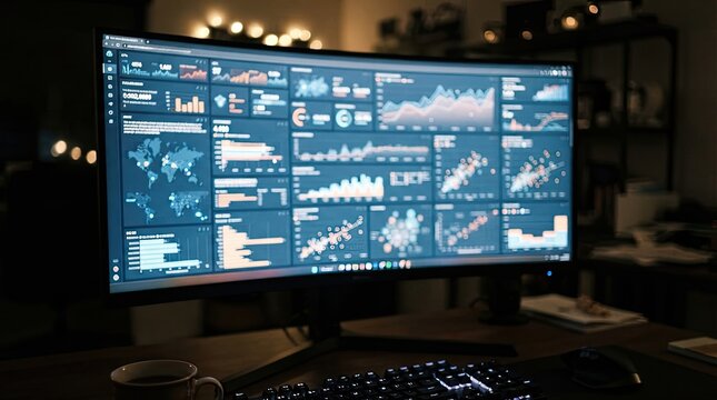 Modern curved monitor showing data analytics and financial charts in a dark home office setting