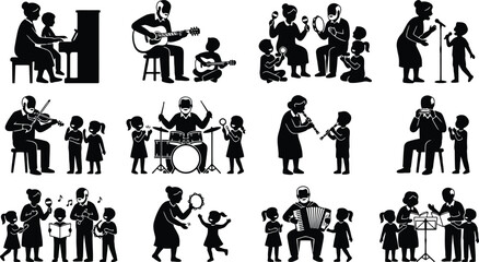 Black silhouettes of grandparents and grandchildren playing musical instruments together on a white background, for family activity themes © Ronju
