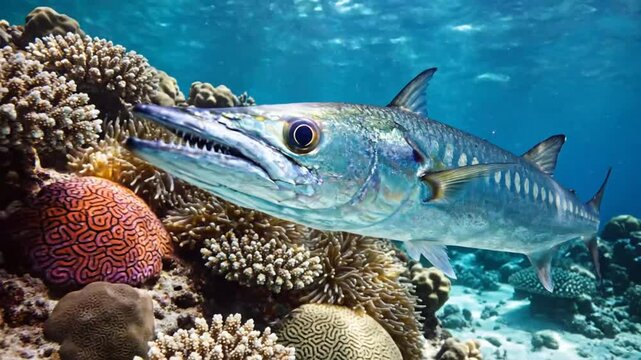 Barracuda swimming near colorful coral reef in turquoise ocean water close up view underwater