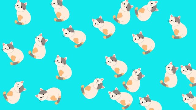 Cute cartoon calico cat seamless pattern on blue background for nursery and textile design