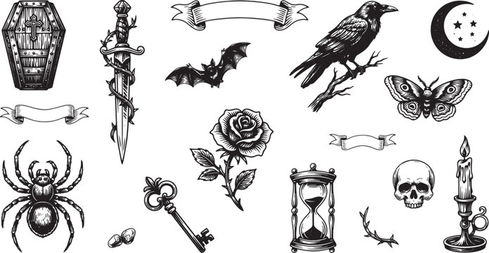 Set of gothic and occult themed hand-drawn featuring skulls, ravens, and coffins on a white background