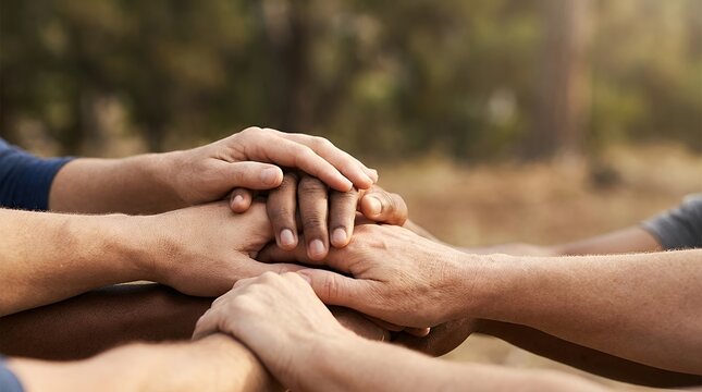 Hands together in a closeup of a team of people outdoors showing support help mission strategy huddle collaboration partnership solidarity trust community goals and friendship hands together closeup