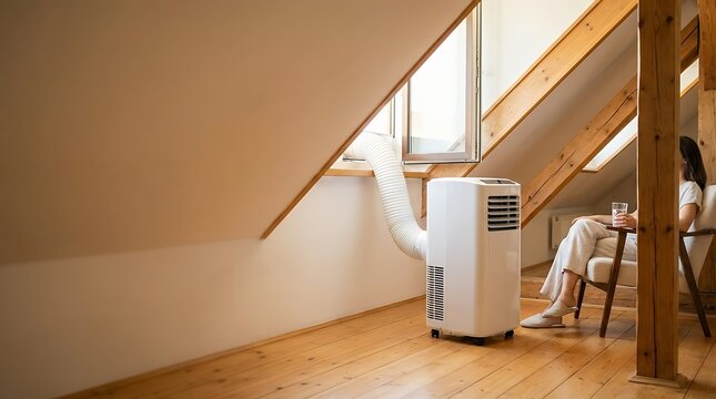 A mobile air conditioning unit being used in an attic flat during a massive heat period representing cooling and wellness mobile air conditioning being used attic flat massive heat period cooling