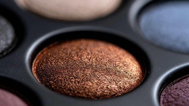 Close-up of shimmering bronze eyeshadow in a makeup palette
