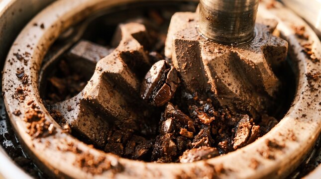 Close up of coffee beans grinding in industrial metal machine.