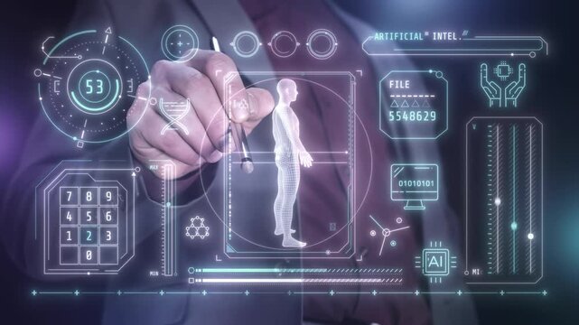 Business Professional Using Futuristic Gesture Interface to Create Artificial Intelligence System 4K