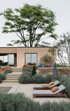 Luxury Modern Villa Exterior with Swimming Pool and Sunbeds