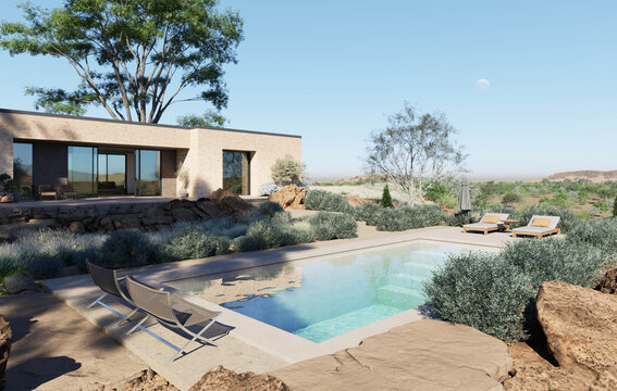 Modern Desert Villa with Swimming Pool and Lounge Chairs
