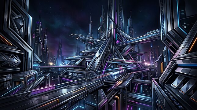 Futuristic Sci-Fi Megacity Illustration with High-Tech Skyscrapers and Glowing Neon Lights at Night