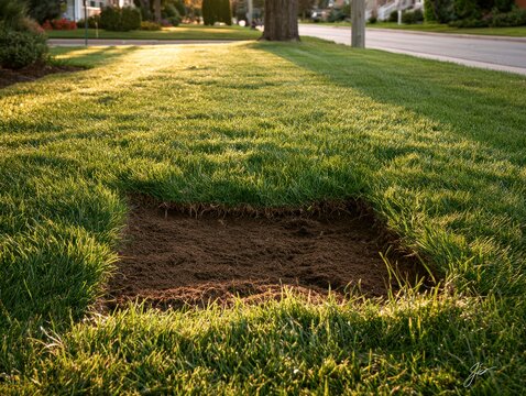 Fresh sod laid over area of meter replacement in evening light