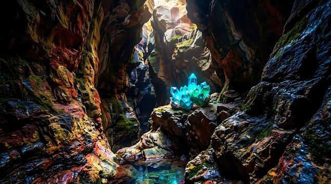 Luminous Blue Crystal Cluster Glowing Inside a Deep Mystical Canyon with Colorful Rock Formations