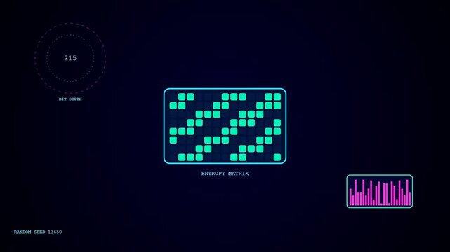 A digital representation of quantum cryptography is displayed through shifting entropy matrix grids and numeric data streams pulsing across a dark blue abstract glowing user interface