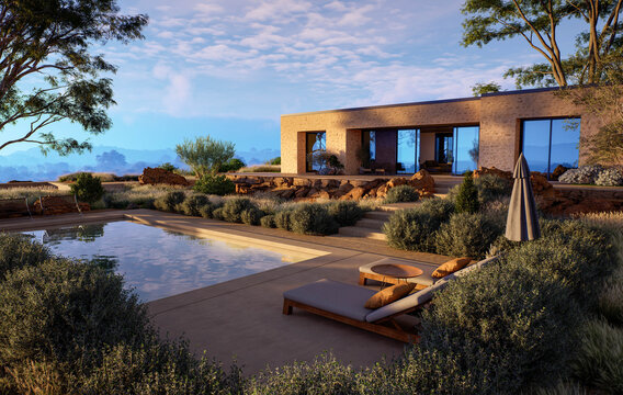 Luxury Modern Desert Villa with Swimming Pool at Golden Hour