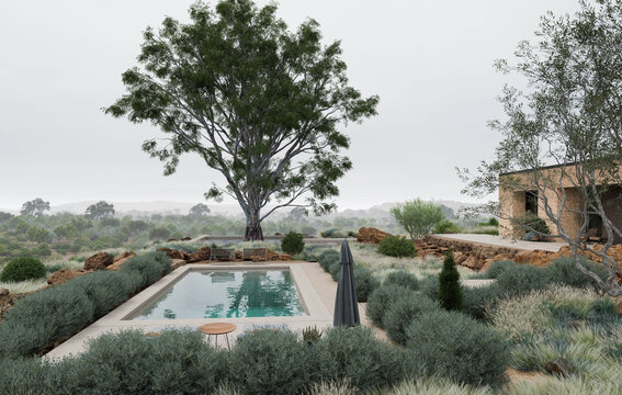 Luxury Modern Villa with Swimming Pool in Wild Nature Landscape
