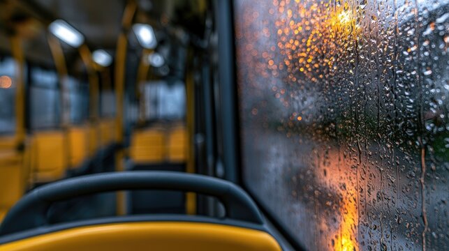 Raindrops on a bus window, interior visible, warm lights outside