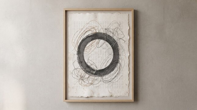 Minimalist framed abstract art with bold black ink circle and scribbles abstract scribble minimalist painting illustration contemporary interior creative composition minimalism decoration