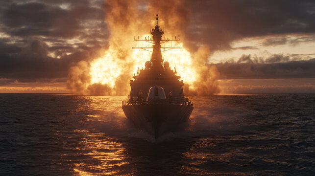 Naval destroyer sails through ocean explosion at sunset with dramatic clouds