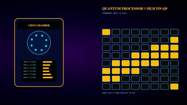 Quantum cryptography interface displays modular grids showing digital processing phases in a sequence of changing patterns across three distinct windows against a dark blue gradient backdrop