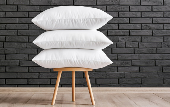 Pile of soft bed pillows on chair near brick wall with space for text