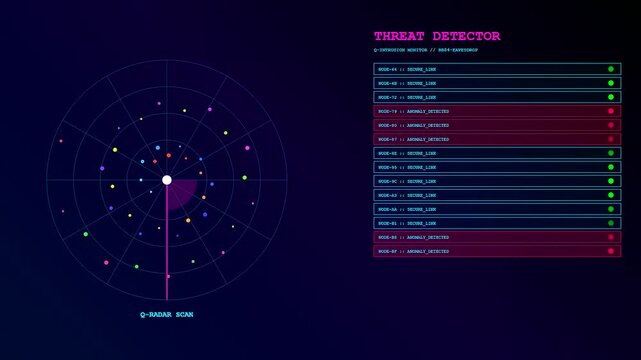 a rotating circular scanner displaying quantum cryptography data points in a graphical interface showing shifting node statuses with glowing neon circular grids on dark blue canvas