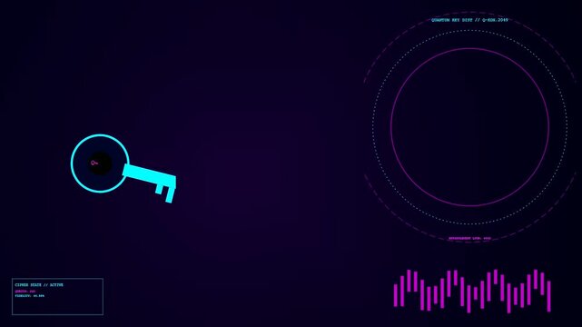 Quantum cryptography animation displays digital interface elements cycling through glowing pink circular HUD patterns on a dark screen with shifting audio sound wave bar graphs