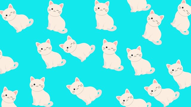 Seamless pattern of cute winking white kittens on a vibrant blue background background.