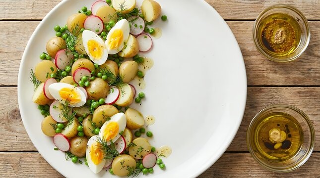 A fresh and vibrant spring salad composed of baby potatoes radishes organic farmer's eggs green peas and herbs all seasoned with a light dressing of olive oil mustard sauce balsamic and lemon for a