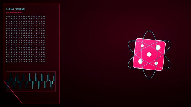 a glowing pink icon of quantum cryptography orbits a spinning die shape while binary code streams down dark red panels in this moving digital graphic display