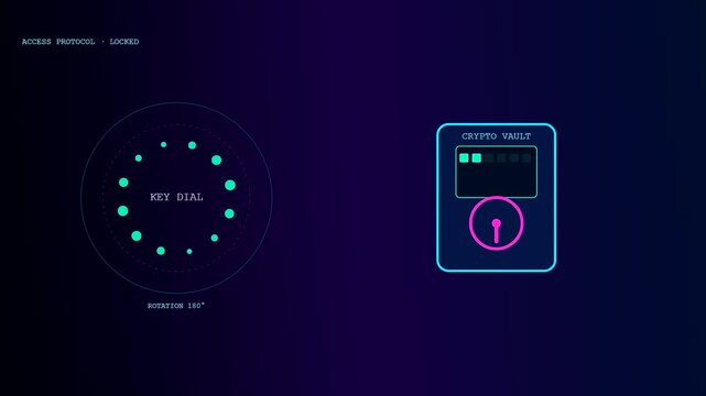A rotating neon interface featuring quantum cryptography elements alongside a digital safe vault screen with glowing circular indicators blinking in a dark moody cyber aesthetic environment