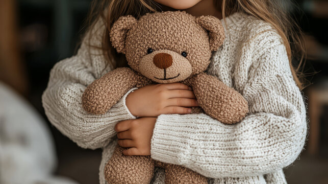 Child's hands gently holding a soft teddy bear in a cozy knitted sweater