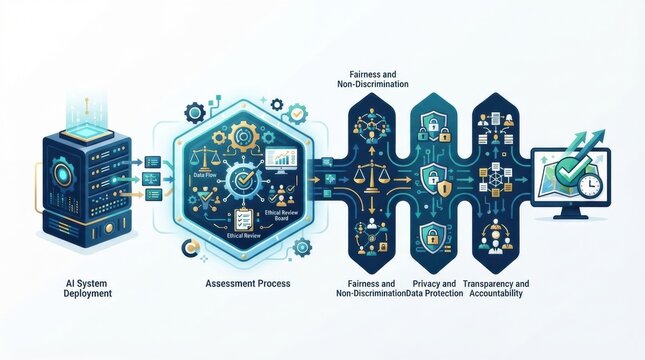 The visual explains the assessment process for AI systems, highlighting ethical review, fairness, privacy, and accountability.