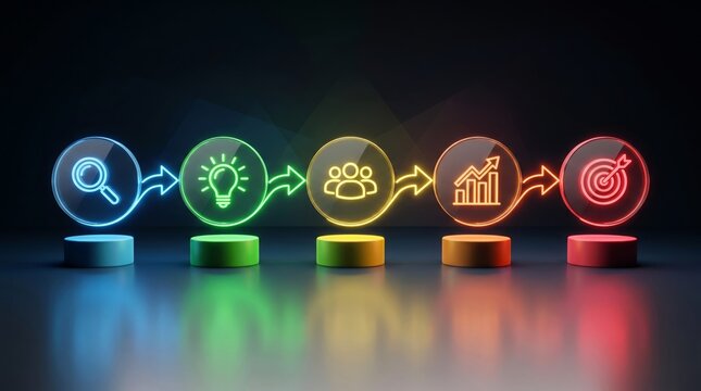 Glowing neon business icons displayed on circular podiums illustrate a strategic growth workflow process with vibrant colorful light effects tonight