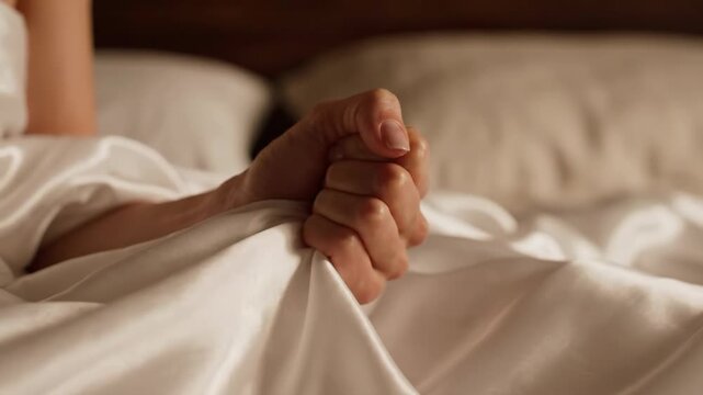 Woman hand gripping white silk bed sheets in bedroom