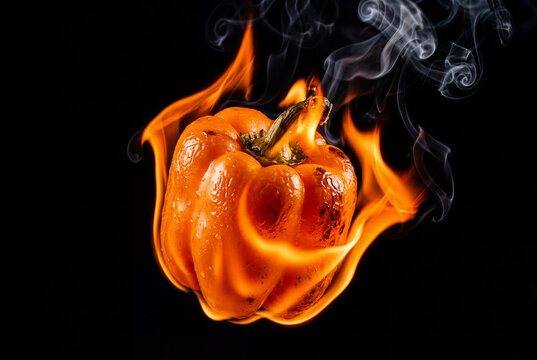 Orange bell pepper burning in bright flames on black