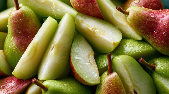 overhead background completely filled with fresh densely packed sliced pears