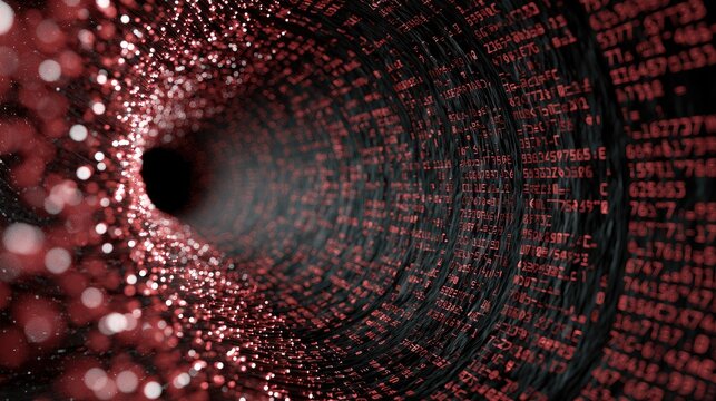 Red digital tunnel with glowing particles, data streams, and abstract patterns