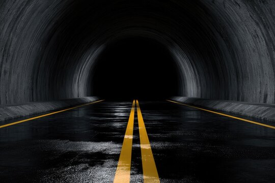 Dark tunnel with wet asphalt road and yellow double lines