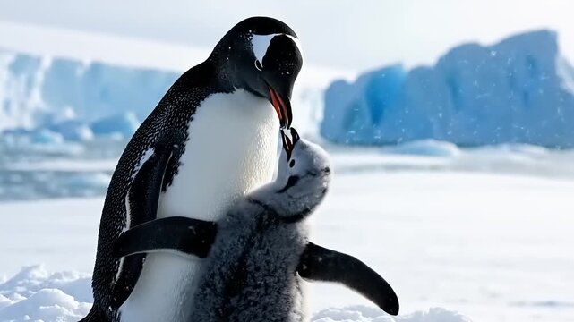 Emperor penguin adult interacts with its downy chick on the icy Antarctic landscape.