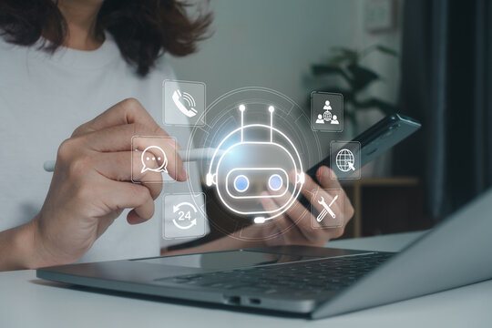 AI chatbot customer support concept. Woman using smartphone and laptop with virtual assistant icons, representing digital communication, online helpdesk, service automation, business assistance.
