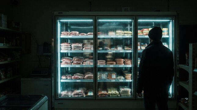 Man looking at products in illuminated grocery store refrigeration case