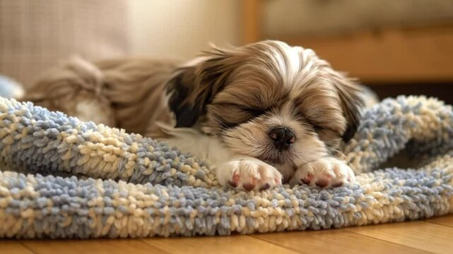 Adorable Shih Tzu puppy peacefully sleeping on a cozy blue and beige blanket indoors, relaxing in the house