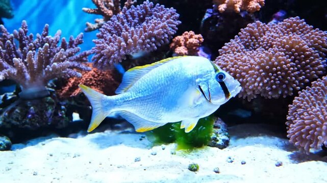 Beautiful fish swimming in an aquarium near colorful coral reef with bright lighting and serene environment