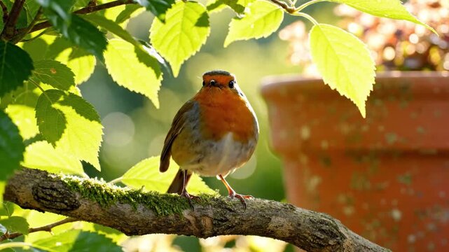 European robin perched on a branch, singing with lush green foliage and sunlit background, wildlife in nature