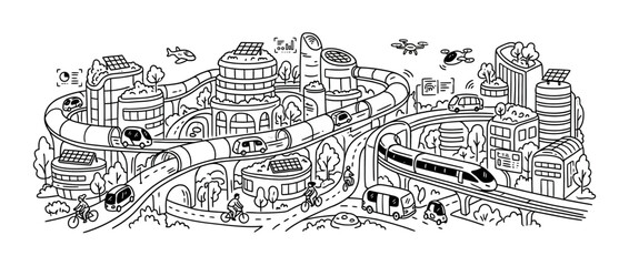 Obraz premium Hand drawn illustration of a futuristic smart city landscape