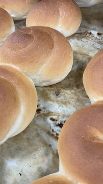 Closeup of freshly baked buns arranged on a tray inside a bakery. Golden crusts, soft texture. Traditional baking, and an appetizing selection of ready to sell pastries. Vertical UGC