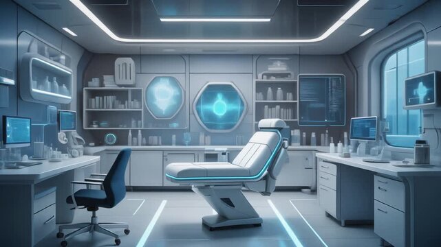 Futuristic laboratory room featuring advanced medical equipment and ergonomic seating arrangements inside a spaceship cabin setting showcasing specialized research instruments for space